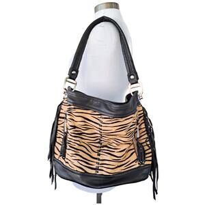 B MAKOWSKI Calf Hair Tan Black Zebra Fringe Leather Hobo Shoulder Bag EUC